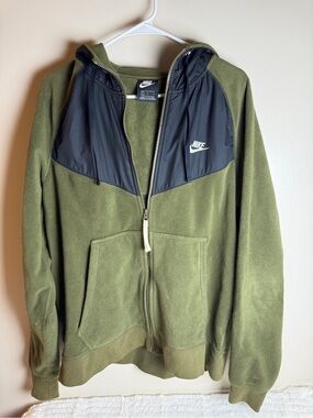 Nike Olive Green Fleece Zip Hoodie with Black Chest Panel